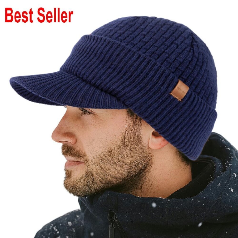 Merino Wool Fleece Lined Beanie with Brim Classic Winter Hat Unisex Fit